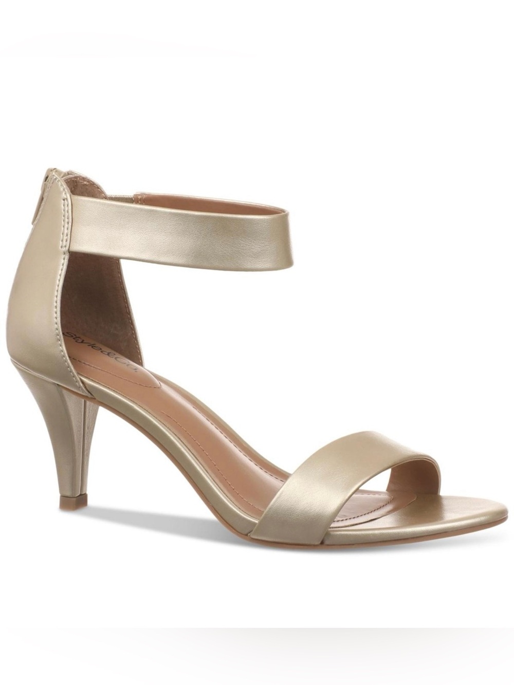 Style & Co. Metallic Champagne Ankle-Strap Mid Heels